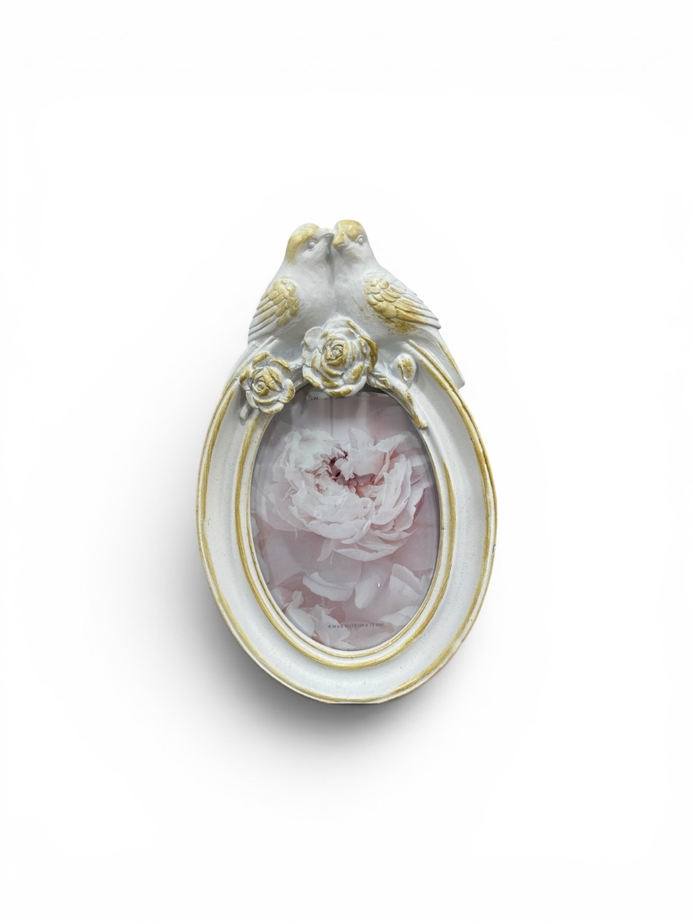 Romantic Oval Bird Frame with Roses - White & Gold - 4 x 6 - Isaac Jacobs NWT